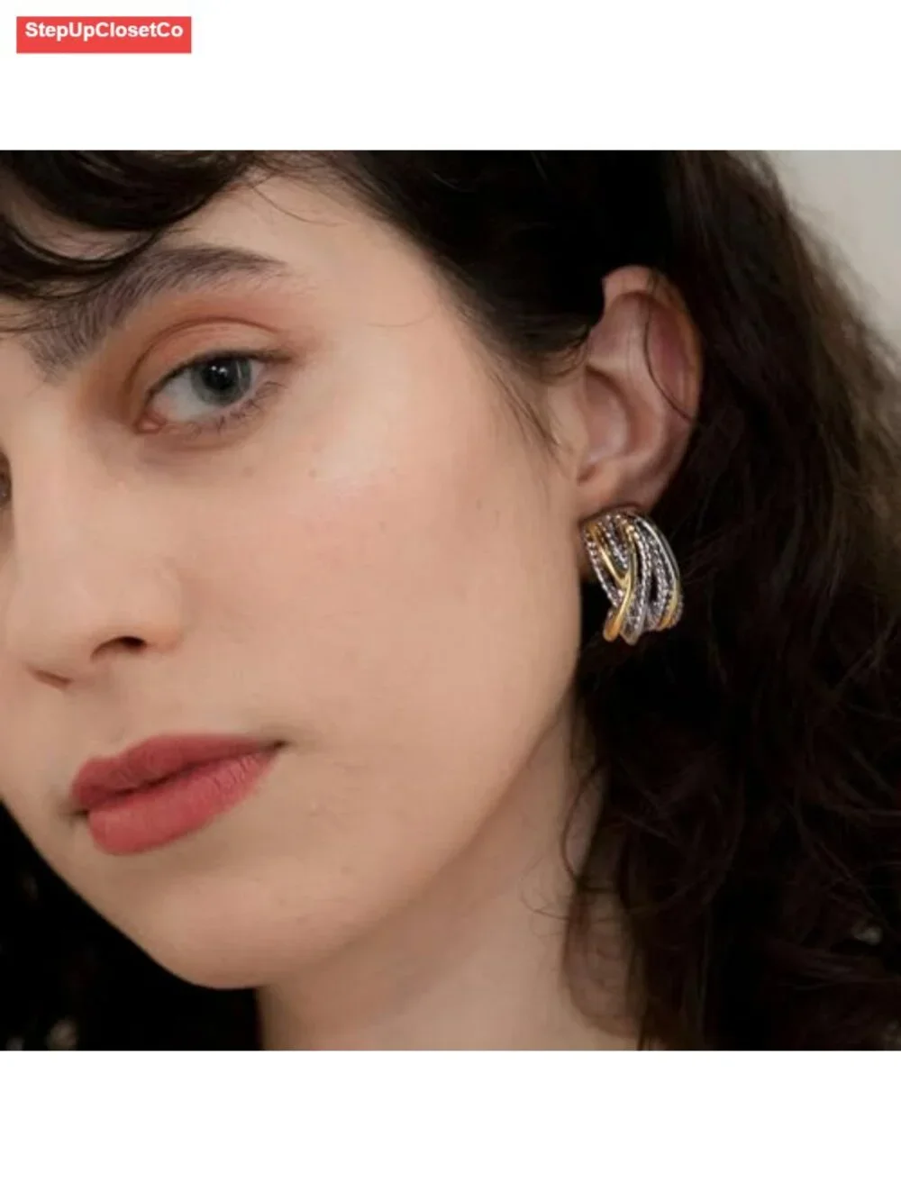 Two Tone Huggie Hoop Earrings Crossover Twisted Rope Statement Clip On